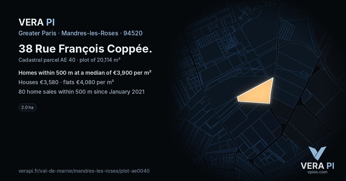 38 Rue François Coppée, Mandres-les-Roses at night – the plot lit, the parcels around coloured by the prices near them
