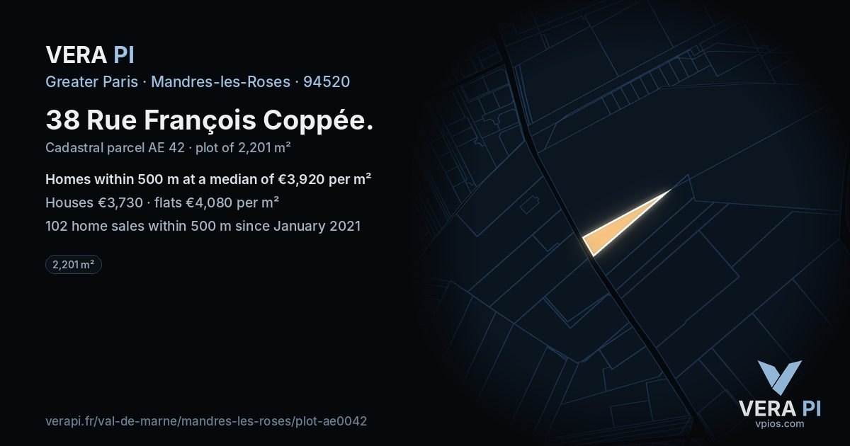 38 Rue François Coppée, Mandres-les-Roses at night – the plot lit, the parcels around coloured by the prices near them