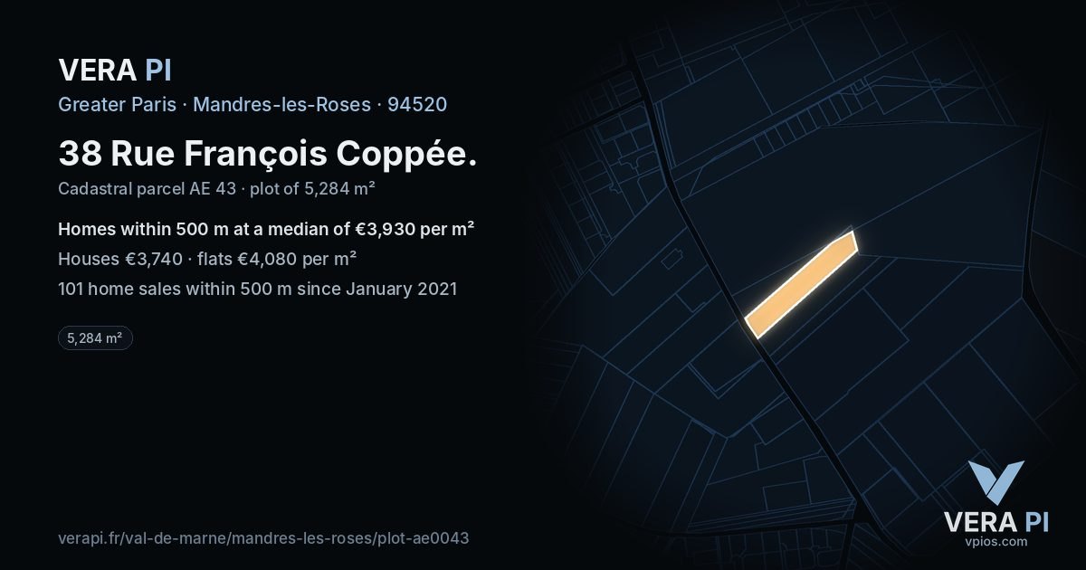 38 Rue François Coppée, Mandres-les-Roses at night – the plot lit, the parcels around coloured by the prices near them