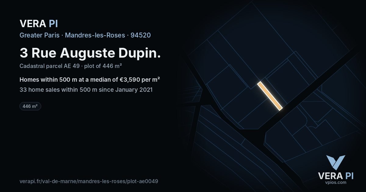 3 Rue Auguste Dupin, Mandres-les-Roses at night – the plot lit, the parcels around coloured by the prices near them