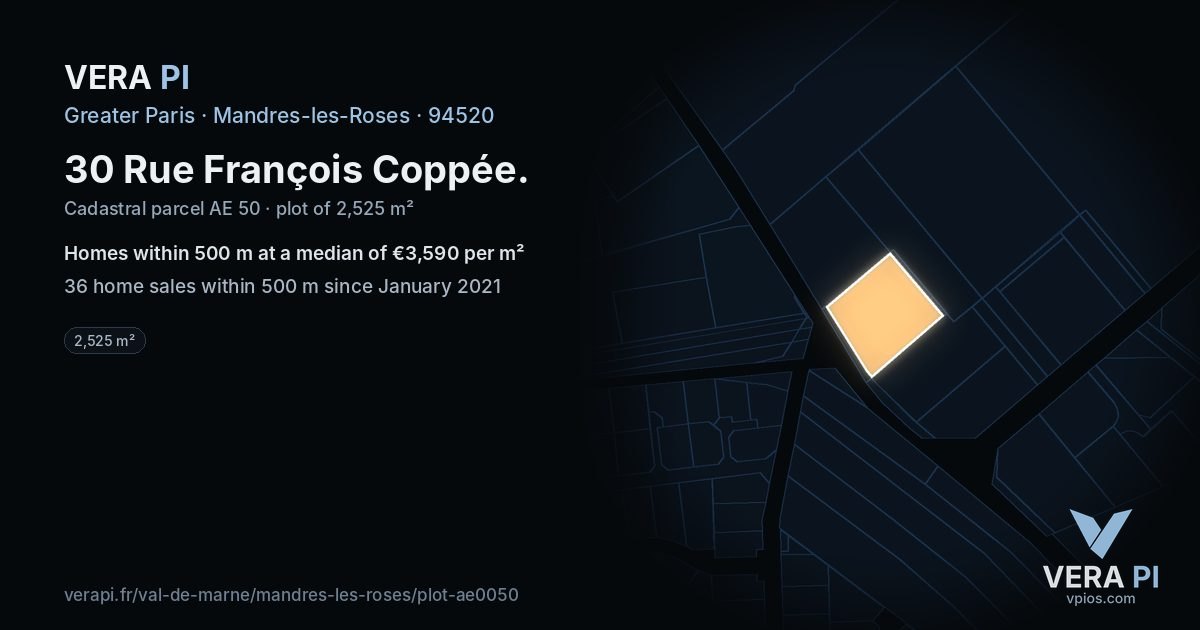 30 Rue François Coppée, Mandres-les-Roses at night – the plot lit, the parcels around coloured by the prices near them