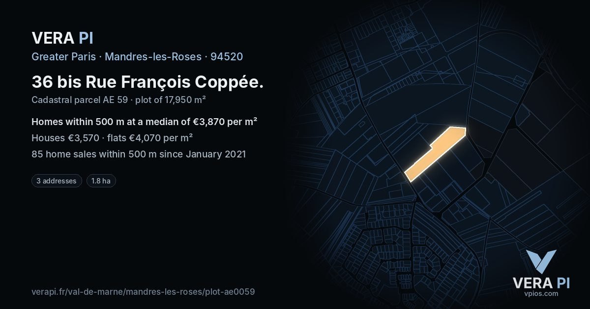 36 bis Rue François Coppée, Mandres-les-Roses at night – the plot lit, the parcels around coloured by the prices near them