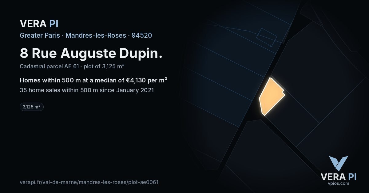 8 Rue Auguste Dupin, Mandres-les-Roses at night – the plot lit, the parcels around coloured by the prices near them