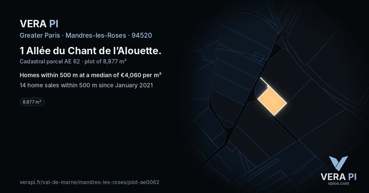 1 Allée du Chant de l’Alouette, Mandres-les-Roses at night – the plot lit, the parcels around coloured by the prices near them