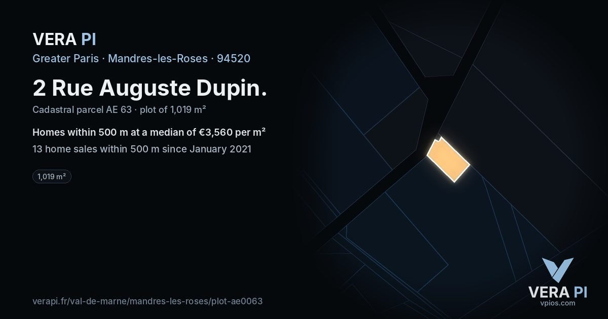 2 Rue Auguste Dupin, Mandres-les-Roses at night – the plot lit, the parcels around coloured by the prices near them