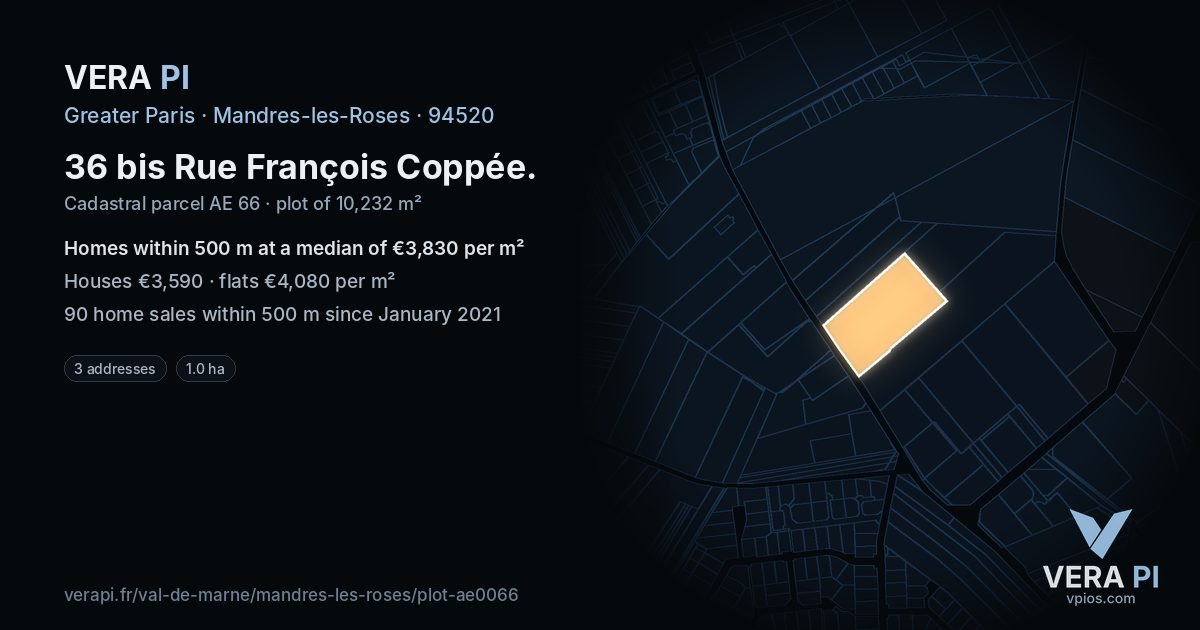 36 bis Rue François Coppée, Mandres-les-Roses at night – the plot lit, the parcels around coloured by the prices near them