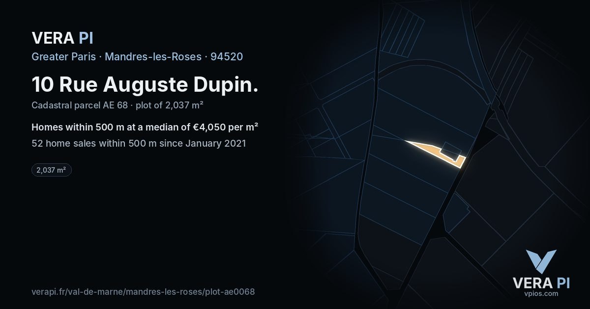10 Rue Auguste Dupin, Mandres-les-Roses at night – the plot lit, the parcels around coloured by the prices near them
