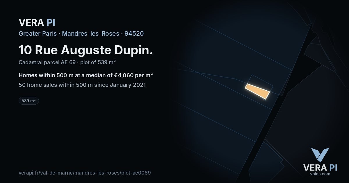 10 Rue Auguste Dupin, Mandres-les-Roses at night – the plot lit, the parcels around coloured by the prices near them