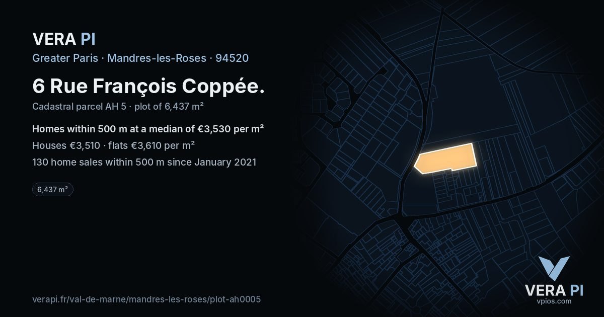 6 Rue François Coppée, Mandres-les-Roses at night – the plot lit, the parcels around coloured by the prices near them