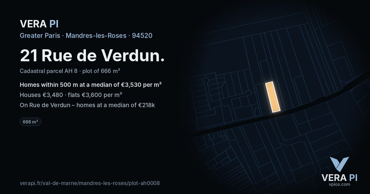 21 Rue de Verdun, Mandres-les-Roses at night – the plot lit, the parcels around coloured by the prices near them