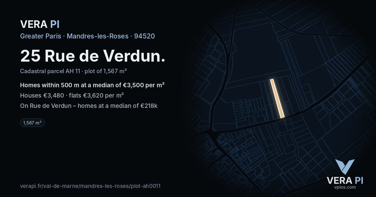 25 Rue de Verdun, Mandres-les-Roses at night – the plot lit, the parcels around coloured by the prices near them