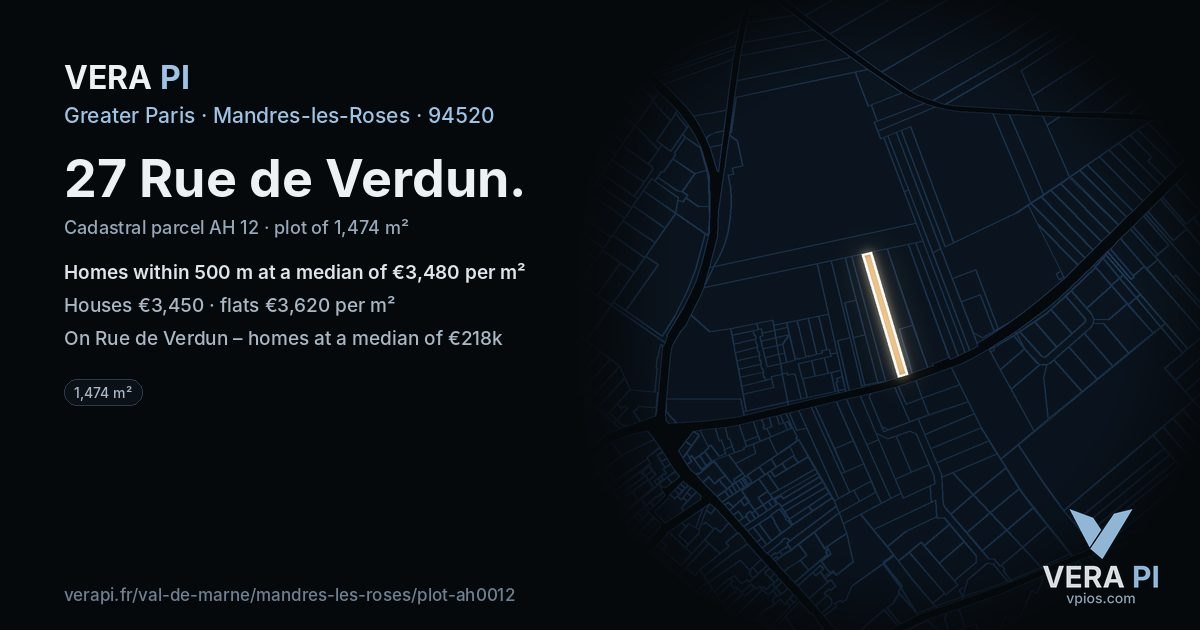 27 Rue de Verdun, Mandres-les-Roses at night – the plot lit, the parcels around coloured by the prices near them