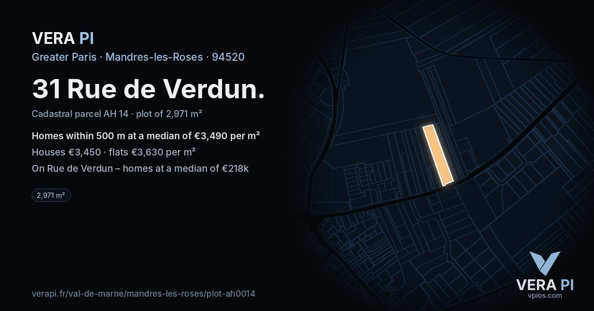 31 Rue de Verdun, Mandres-les-Roses at night – the plot lit, the parcels around coloured by the prices near them