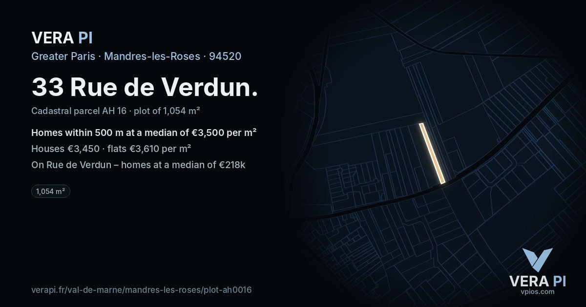 33 Rue de Verdun, Mandres-les-Roses at night – the plot lit, the parcels around coloured by the prices near them