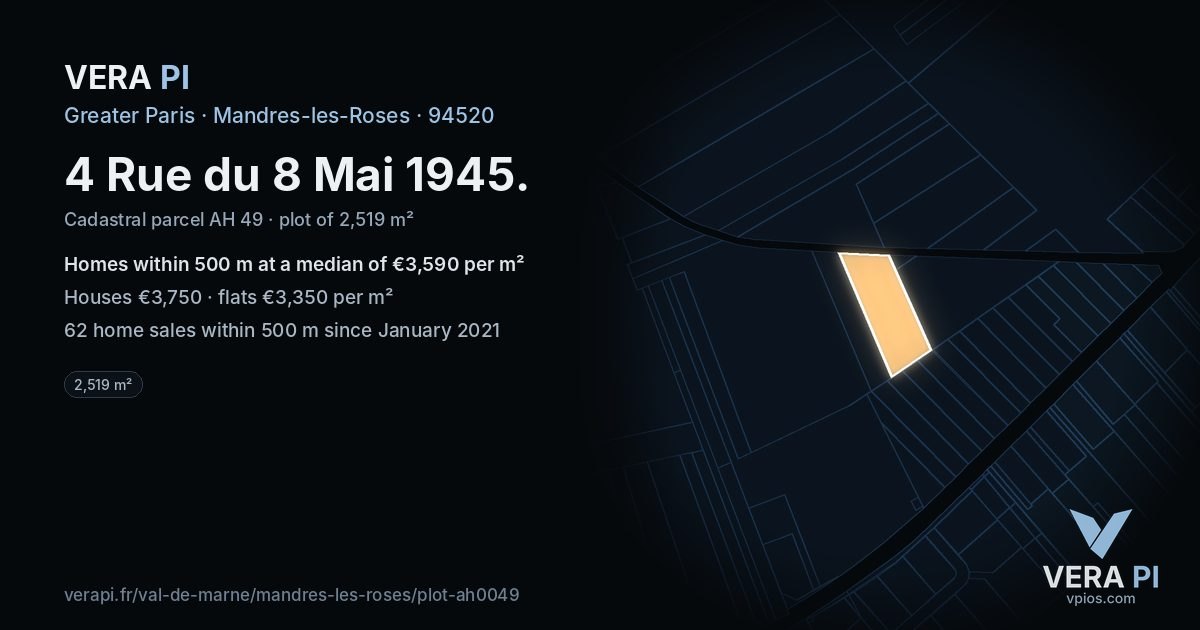 4 Rue du 8 Mai 1945, Mandres-les-Roses at night – the plot lit, the parcels around coloured by the prices near them