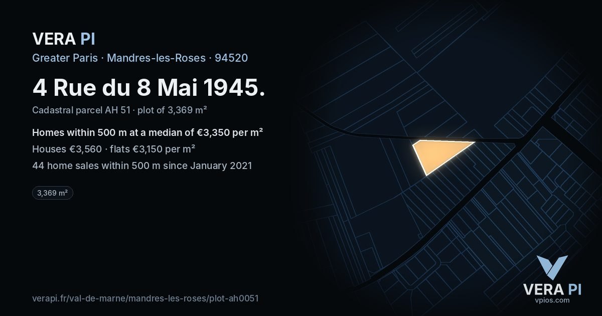 4 Rue du 8 Mai 1945, Mandres-les-Roses at night – the plot lit, the parcels around coloured by the prices near them
