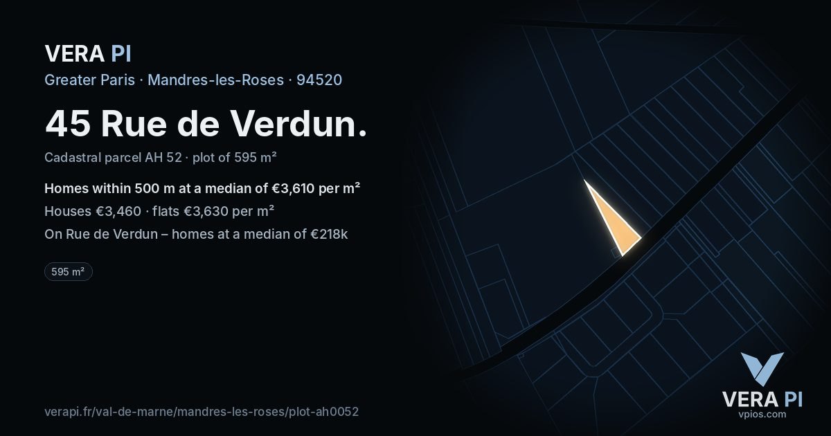 45 Rue de Verdun, Mandres-les-Roses at night – the plot lit, the parcels around coloured by the prices near them