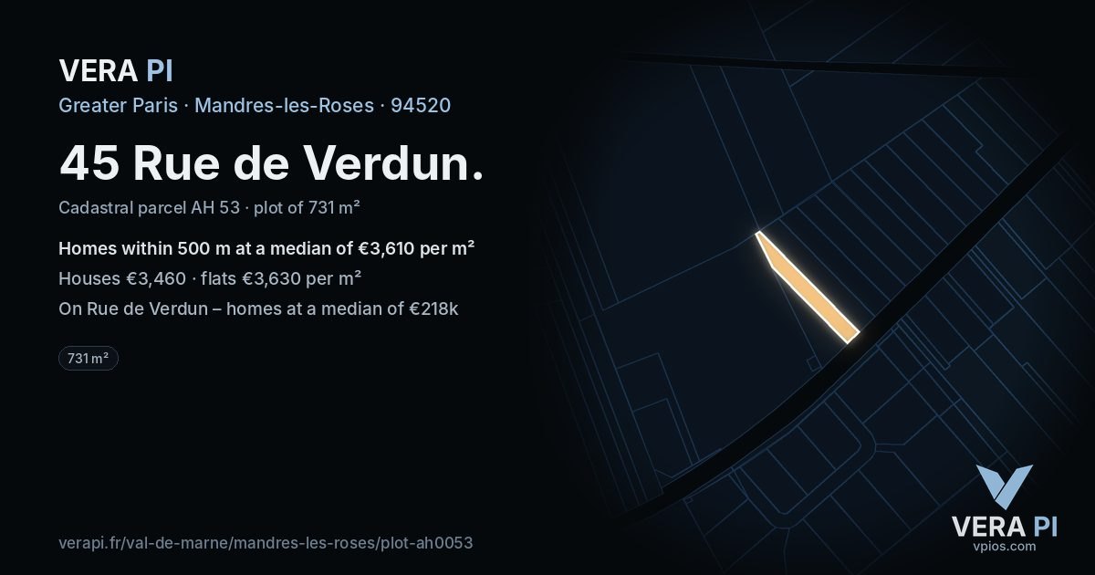 45 Rue de Verdun, Mandres-les-Roses at night – the plot lit, the parcels around coloured by the prices near them