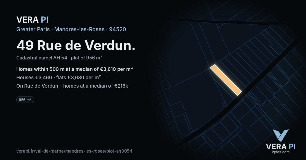 49 Rue de Verdun, Mandres-les-Roses at night – the plot lit, the parcels around coloured by the prices near them
