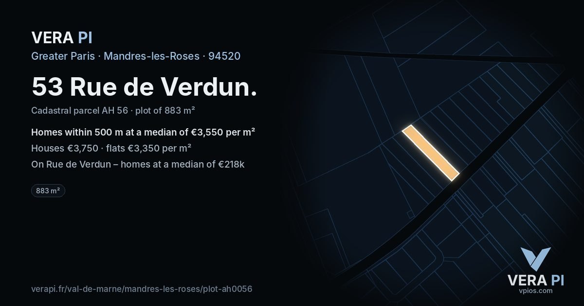 53 Rue de Verdun, Mandres-les-Roses at night – the plot lit, the parcels around coloured by the prices near them