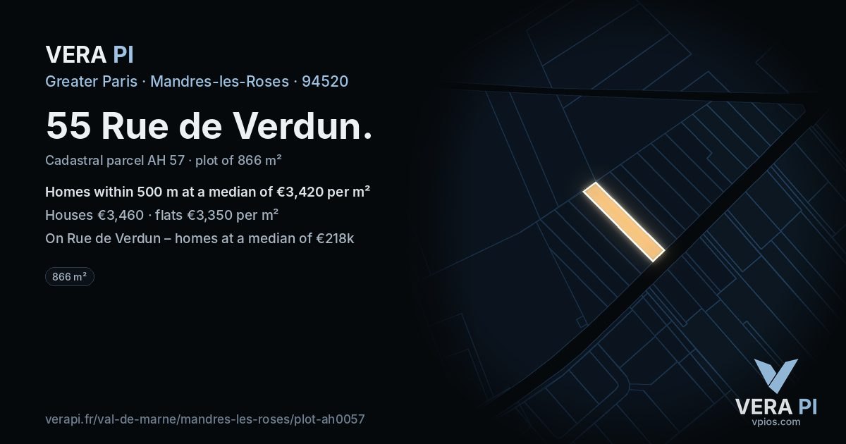 55 Rue de Verdun, Mandres-les-Roses at night – the plot lit, the parcels around coloured by the prices near them