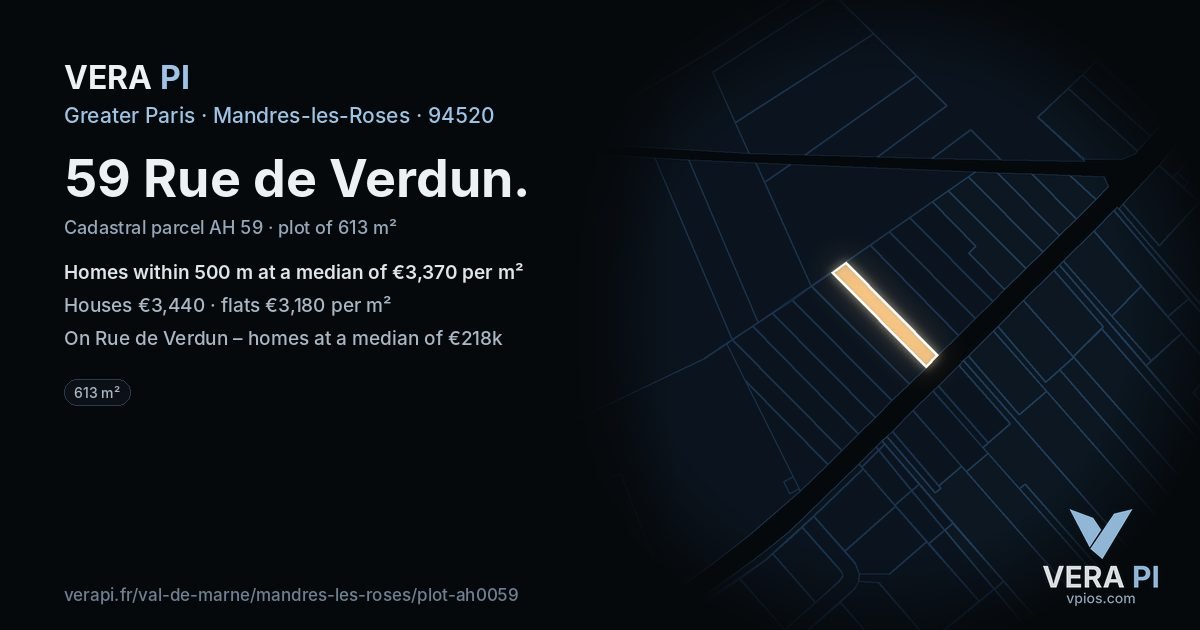 59 Rue de Verdun, Mandres-les-Roses at night – the plot lit, the parcels around coloured by the prices near them