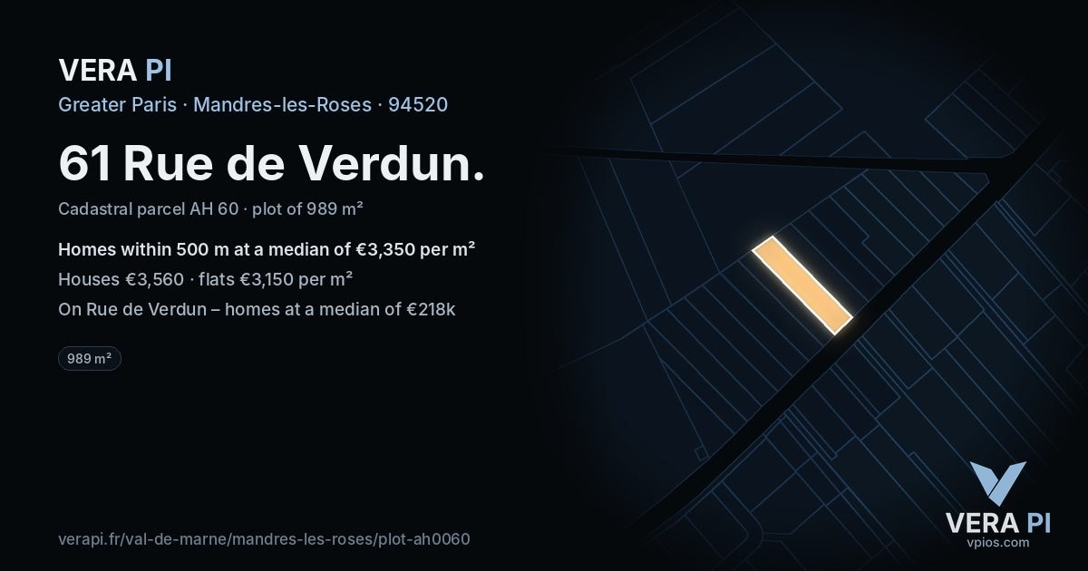 61 Rue de Verdun, Mandres-les-Roses at night – the plot lit, the parcels around coloured by the prices near them