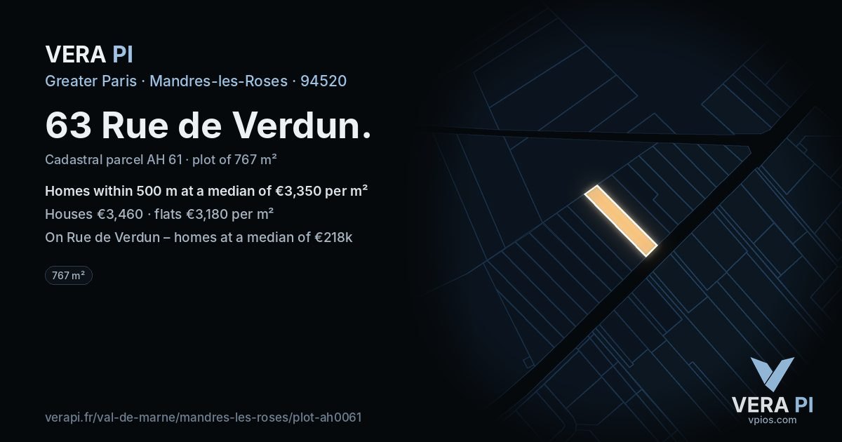 63 Rue de Verdun, Mandres-les-Roses at night – the plot lit, the parcels around coloured by the prices near them