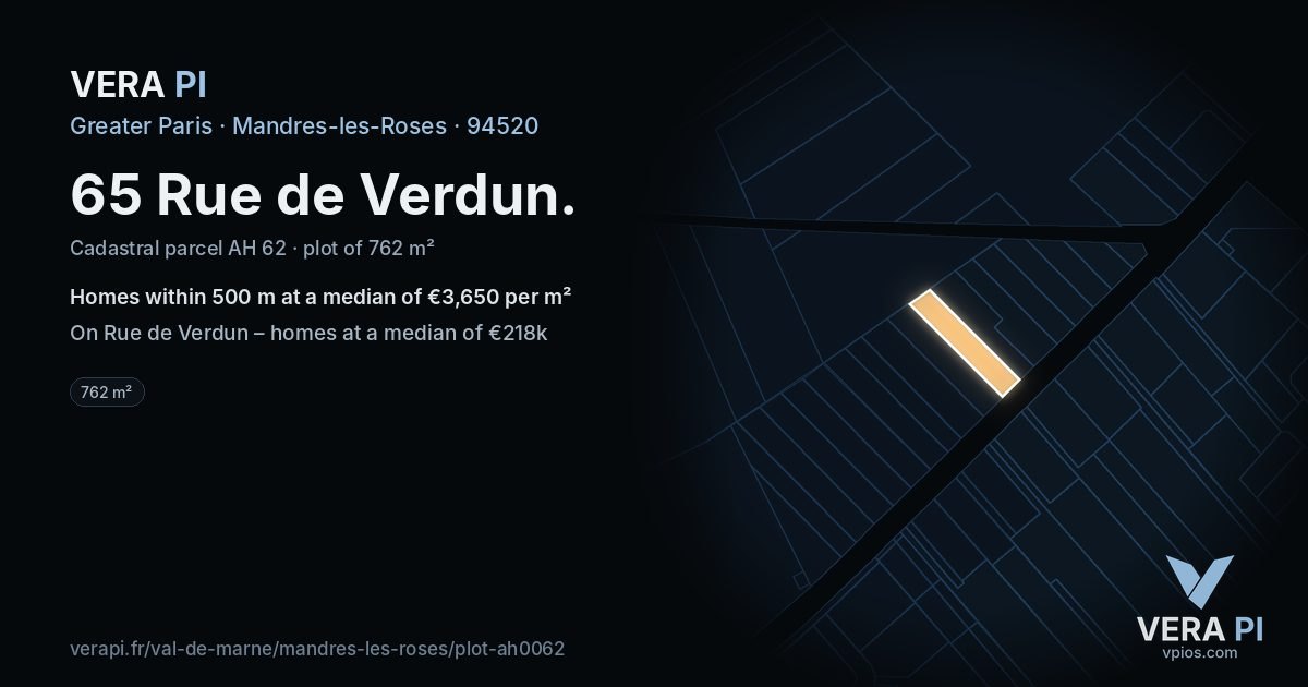 65 Rue de Verdun, Mandres-les-Roses at night – the plot lit, the parcels around coloured by the prices near them