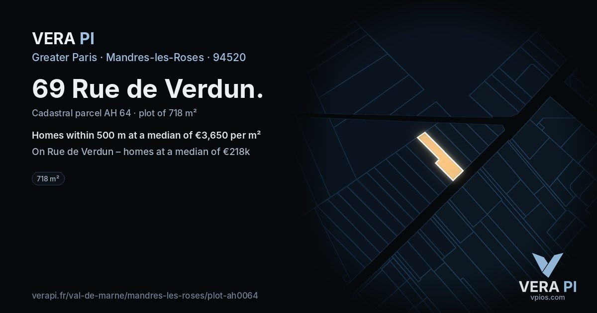 69 Rue de Verdun, Mandres-les-Roses at night – the plot lit, the parcels around coloured by the prices near them