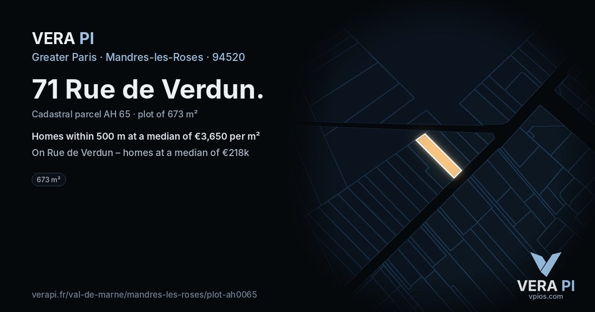71 Rue de Verdun, Mandres-les-Roses at night – the plot lit, the parcels around coloured by the prices near them