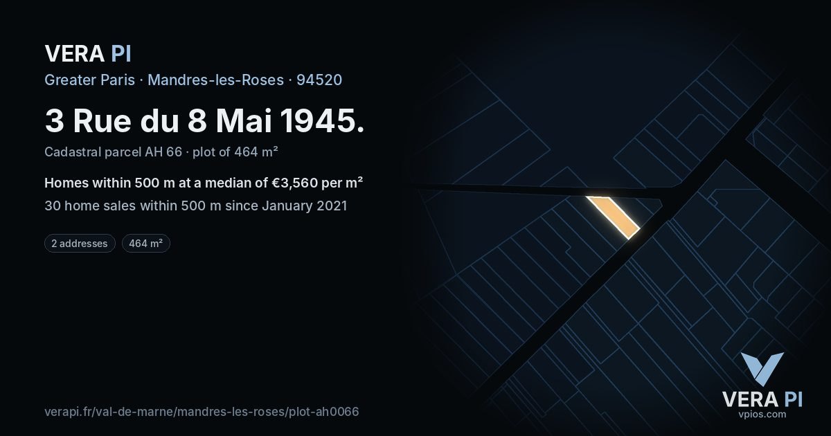 3 Rue du 8 Mai 1945, Mandres-les-Roses at night – the plot lit, the parcels around coloured by the prices near them