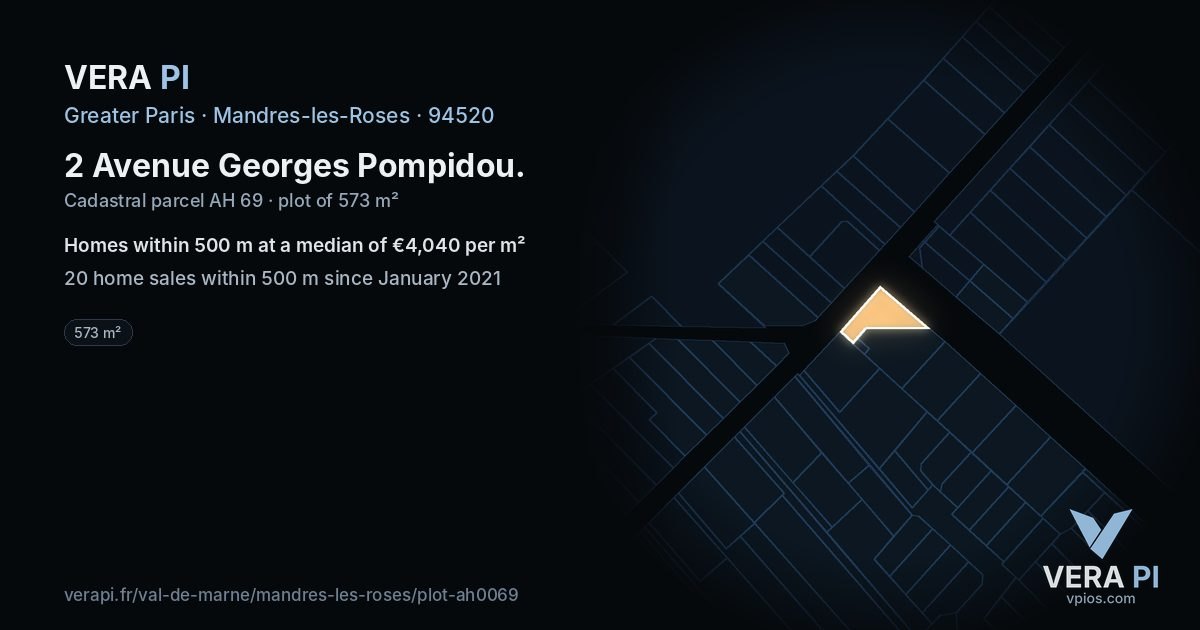 2 Avenue Georges Pompidou, Mandres-les-Roses at night – the plot lit, the parcels around coloured by the prices near them
