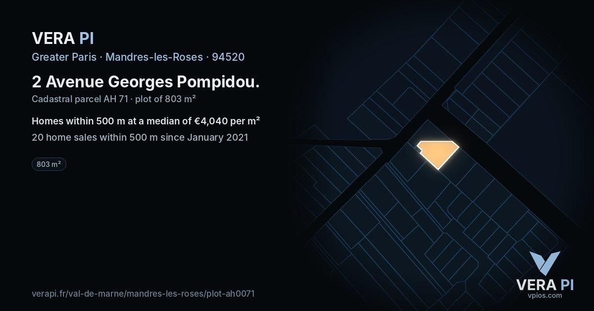 2 Avenue Georges Pompidou, Mandres-les-Roses at night – the plot lit, the parcels around coloured by the prices near them