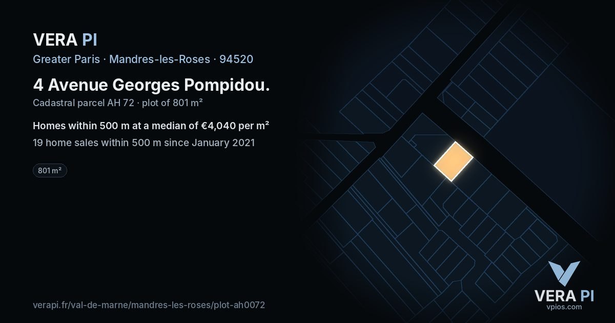 4 Avenue Georges Pompidou, Mandres-les-Roses at night – the plot lit, the parcels around coloured by the prices near them