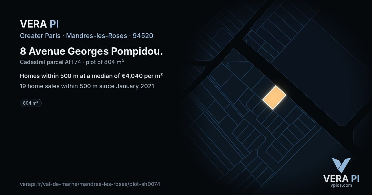 8 Avenue Georges Pompidou, Mandres-les-Roses at night – the plot lit, the parcels around coloured by the prices near them