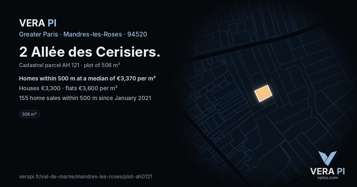 2 Allée des Cerisiers, Mandres-les-Roses at night – the plot lit, the parcels around coloured by the prices near them