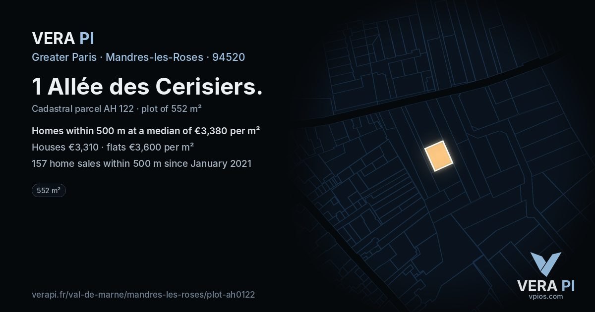 1 Allée des Cerisiers, Mandres-les-Roses at night – the plot lit, the parcels around coloured by the prices near them