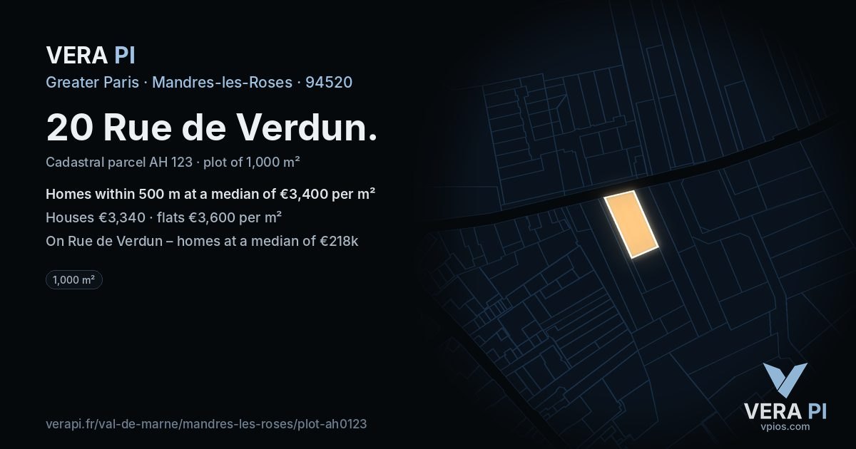 20 Rue de Verdun, Mandres-les-Roses at night – the plot lit, the parcels around coloured by the prices near them