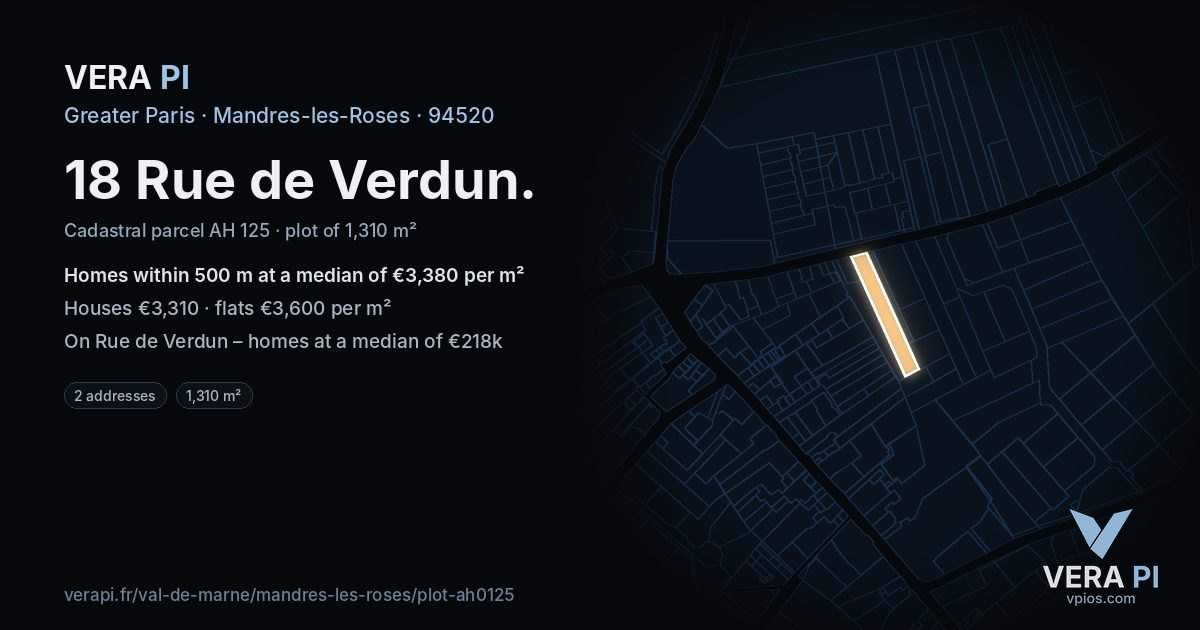 18 Rue de Verdun, Mandres-les-Roses at night – the plot lit, the parcels around coloured by the prices near them