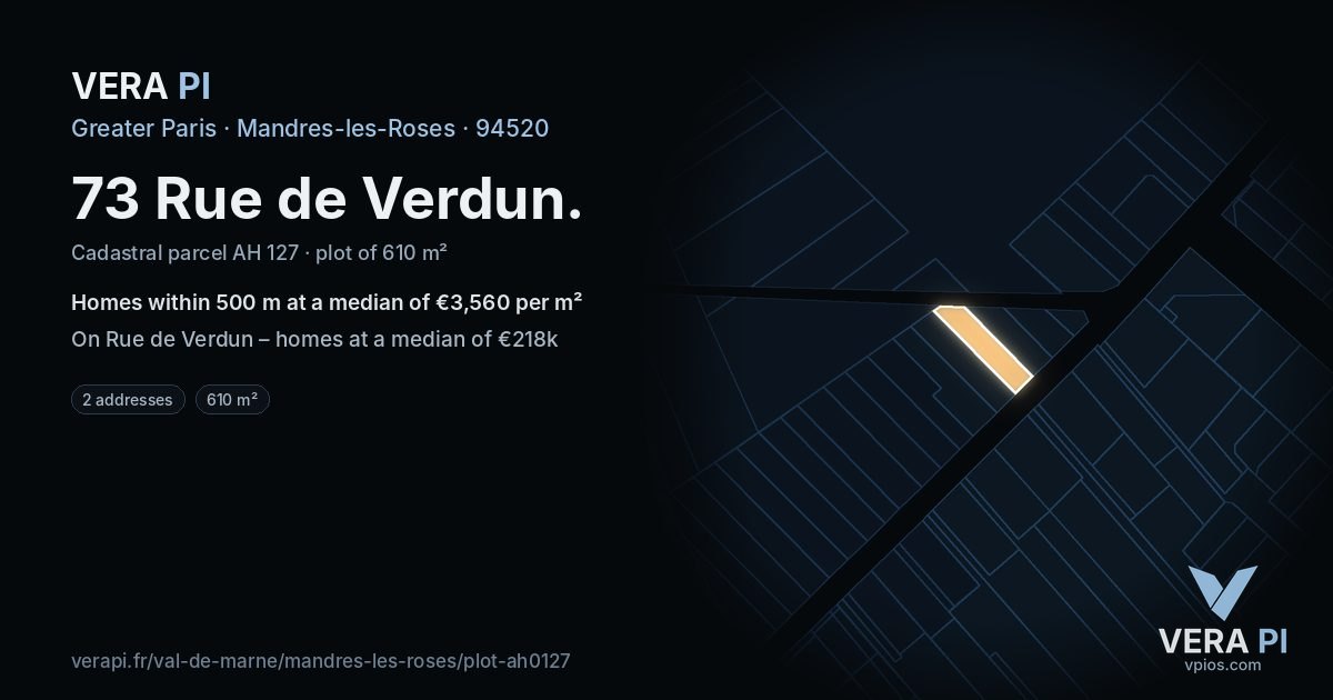 73 Rue de Verdun, Mandres-les-Roses at night – the plot lit, the parcels around coloured by the prices near them