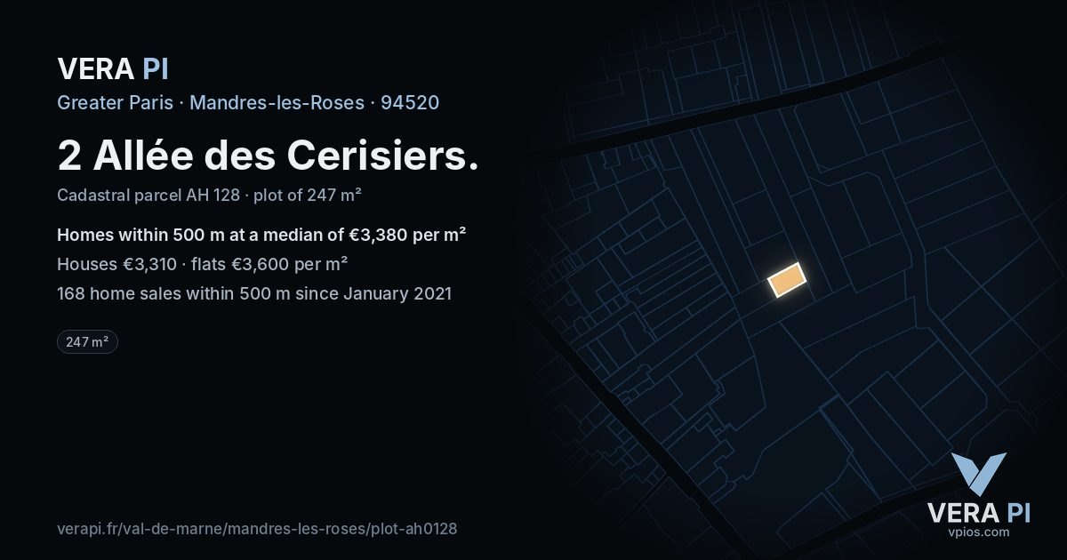 2 Allée des Cerisiers, Mandres-les-Roses at night – the plot lit, the parcels around coloured by the prices near them