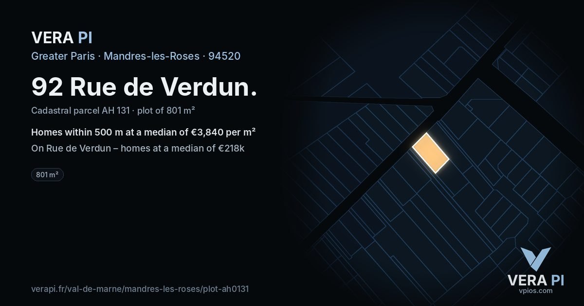 92 Rue de Verdun, Mandres-les-Roses at night – the plot lit, the parcels around coloured by the prices near them