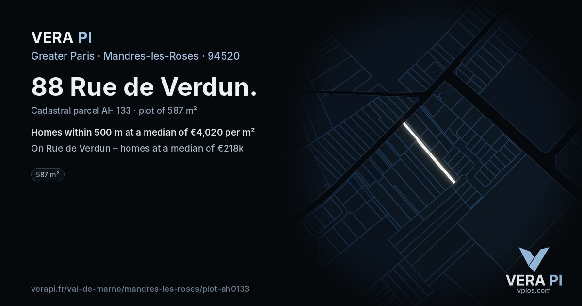 88 Rue de Verdun, Mandres-les-Roses at night – the plot lit, the parcels around coloured by the prices near them