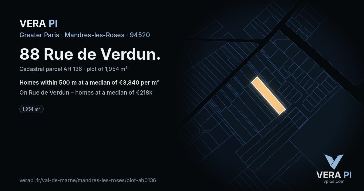88 Rue de Verdun, Mandres-les-Roses at night – the plot lit, the parcels around coloured by the prices near them