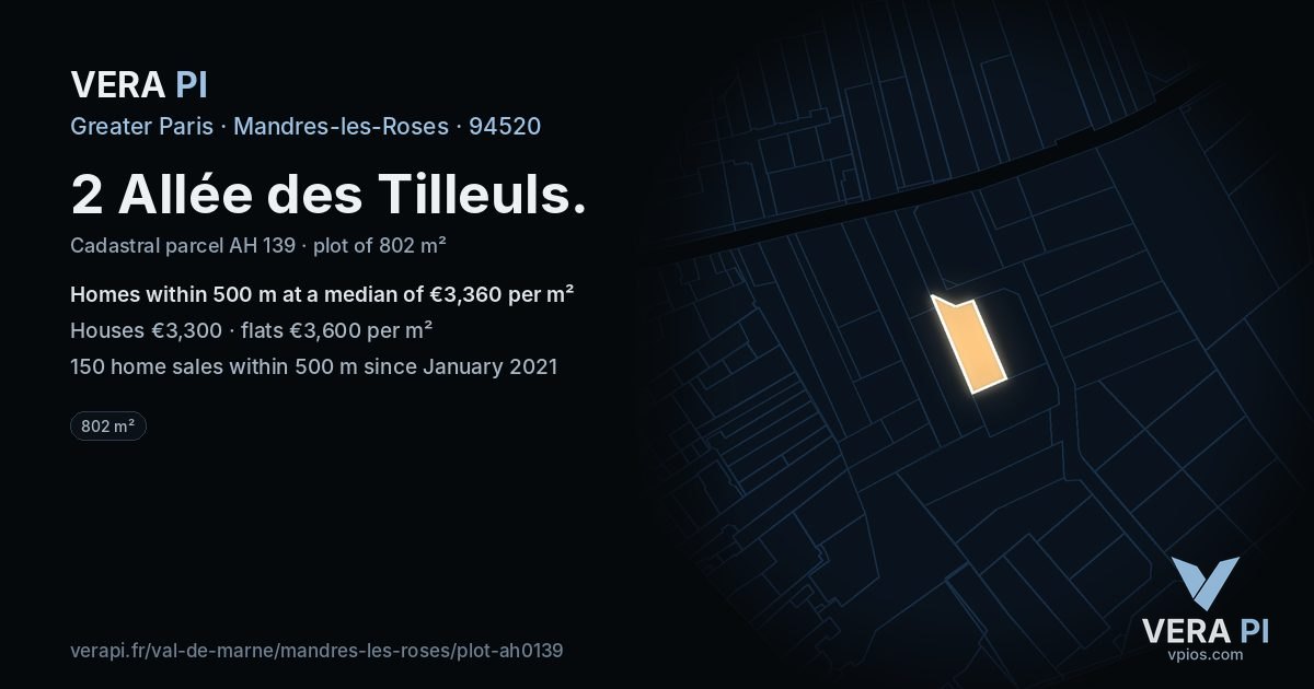 2 Allée des Tilleuls, Mandres-les-Roses at night – the plot lit, the parcels around coloured by the prices near them
