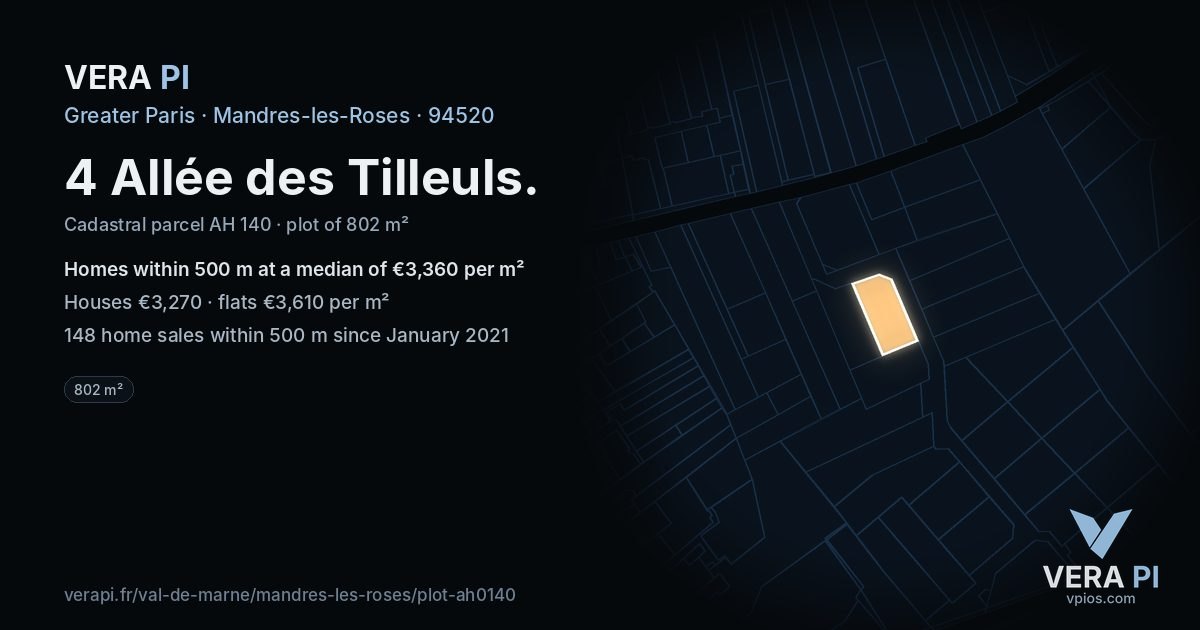 4 Allée des Tilleuls, Mandres-les-Roses at night – the plot lit, the parcels around coloured by the prices near them