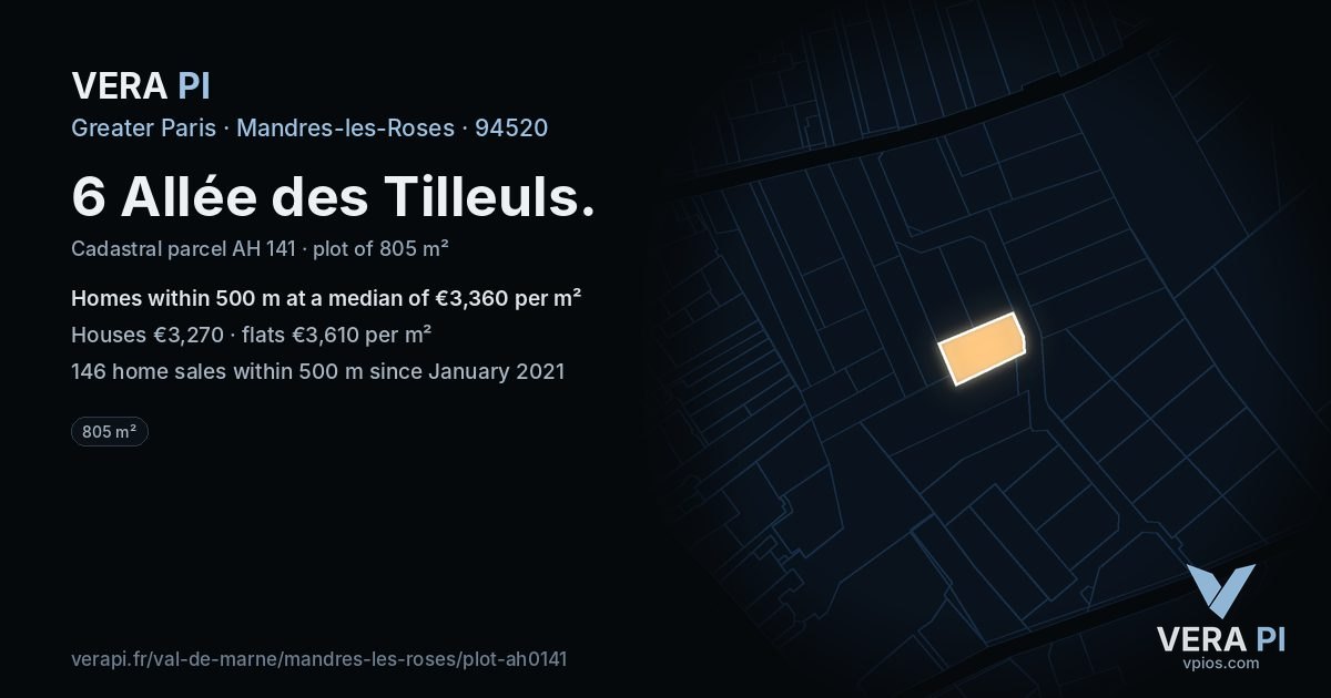 6 Allée des Tilleuls, Mandres-les-Roses at night – the plot lit, the parcels around coloured by the prices near them