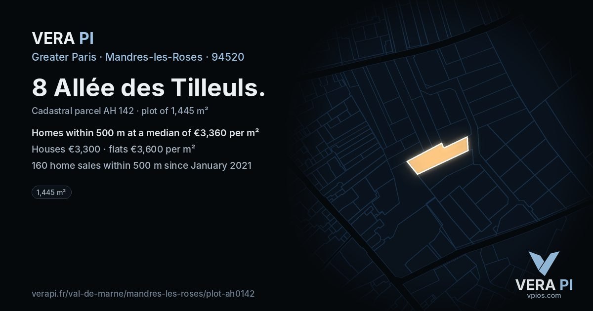 8 Allée des Tilleuls, Mandres-les-Roses at night – the plot lit, the parcels around coloured by the prices near them