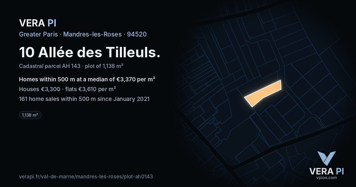 10 Allée des Tilleuls, Mandres-les-Roses at night – the plot lit, the parcels around coloured by the prices near them